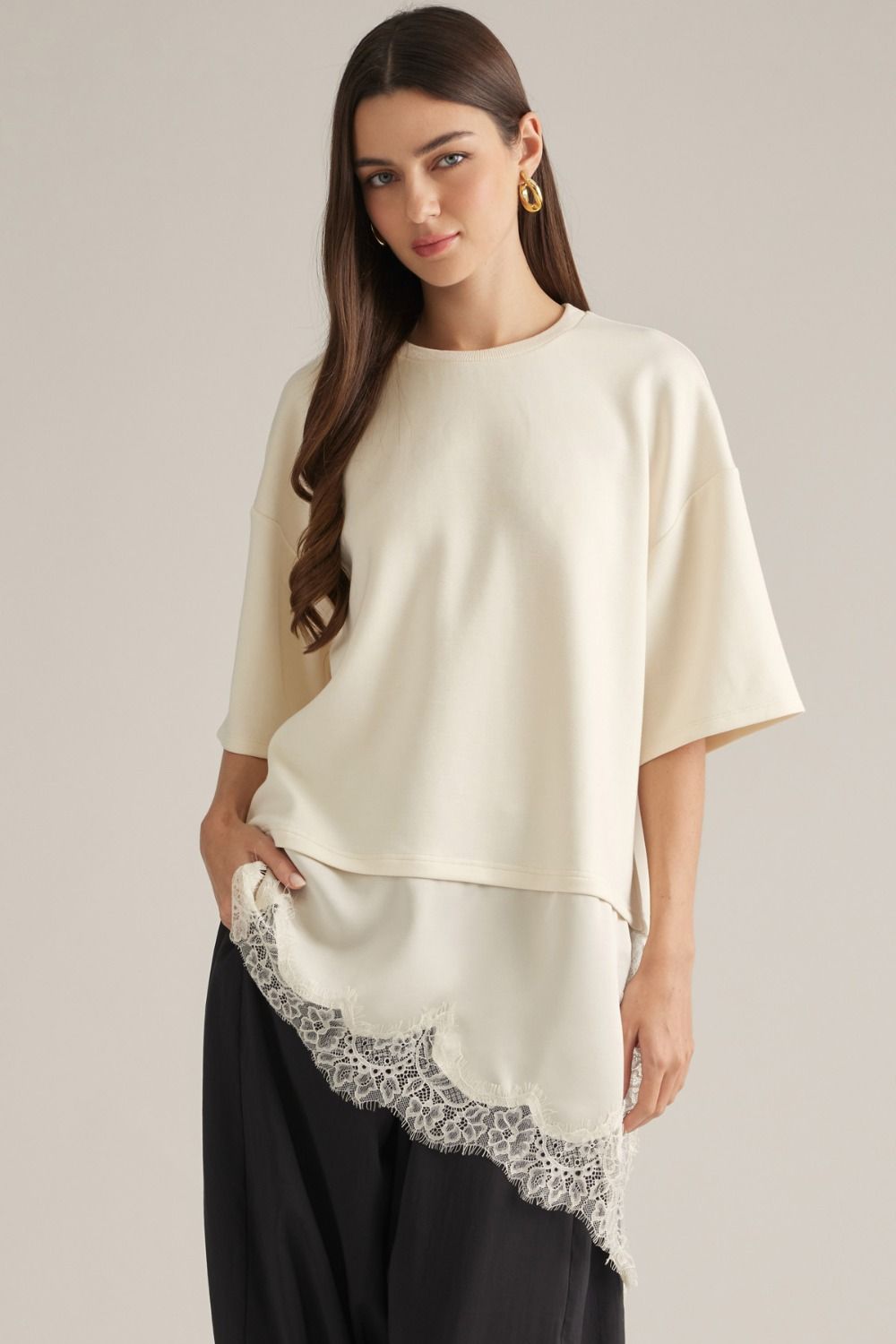 Cream Lace Trim Knit Top