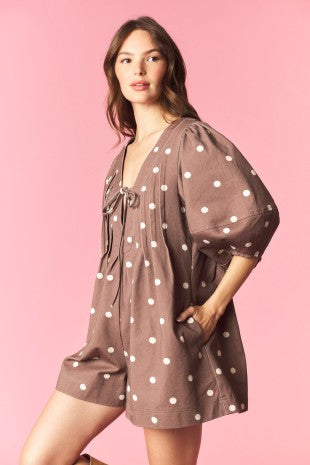 Brown Polka Dot Bubble Sleeve Romper