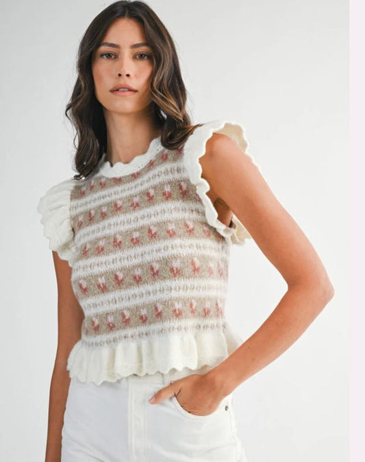 Cream Floral Cap Sleeve Sweater