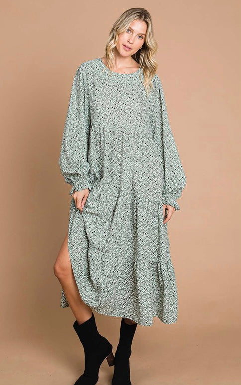 Sage Ethnic Print Midi Length Dress