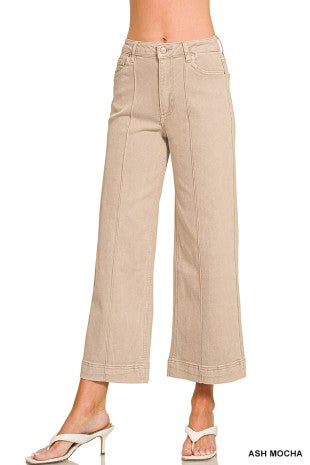 Zénana Ash Mocha High Rise Wide Leg Pintuck Cropped Pants