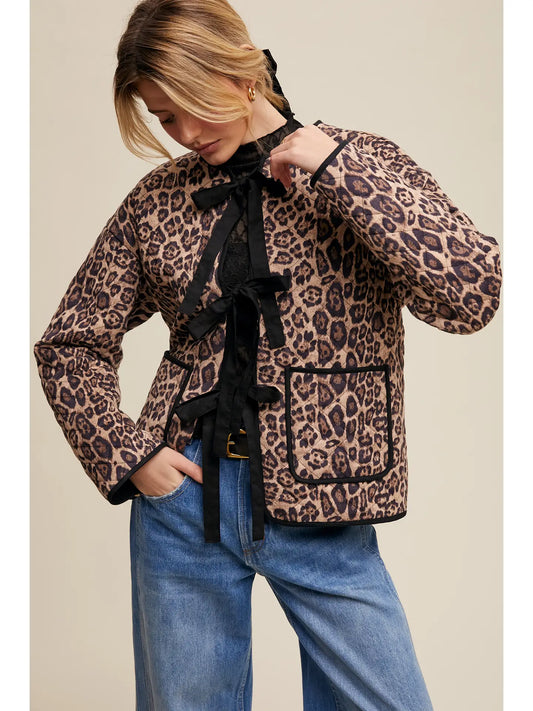 Quilted Leopard Print Bow Tie Jacket