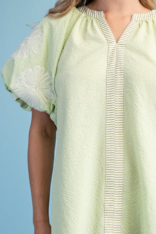 Lime Green Textured Mini Dress with White Embroidered Puff Sleeves