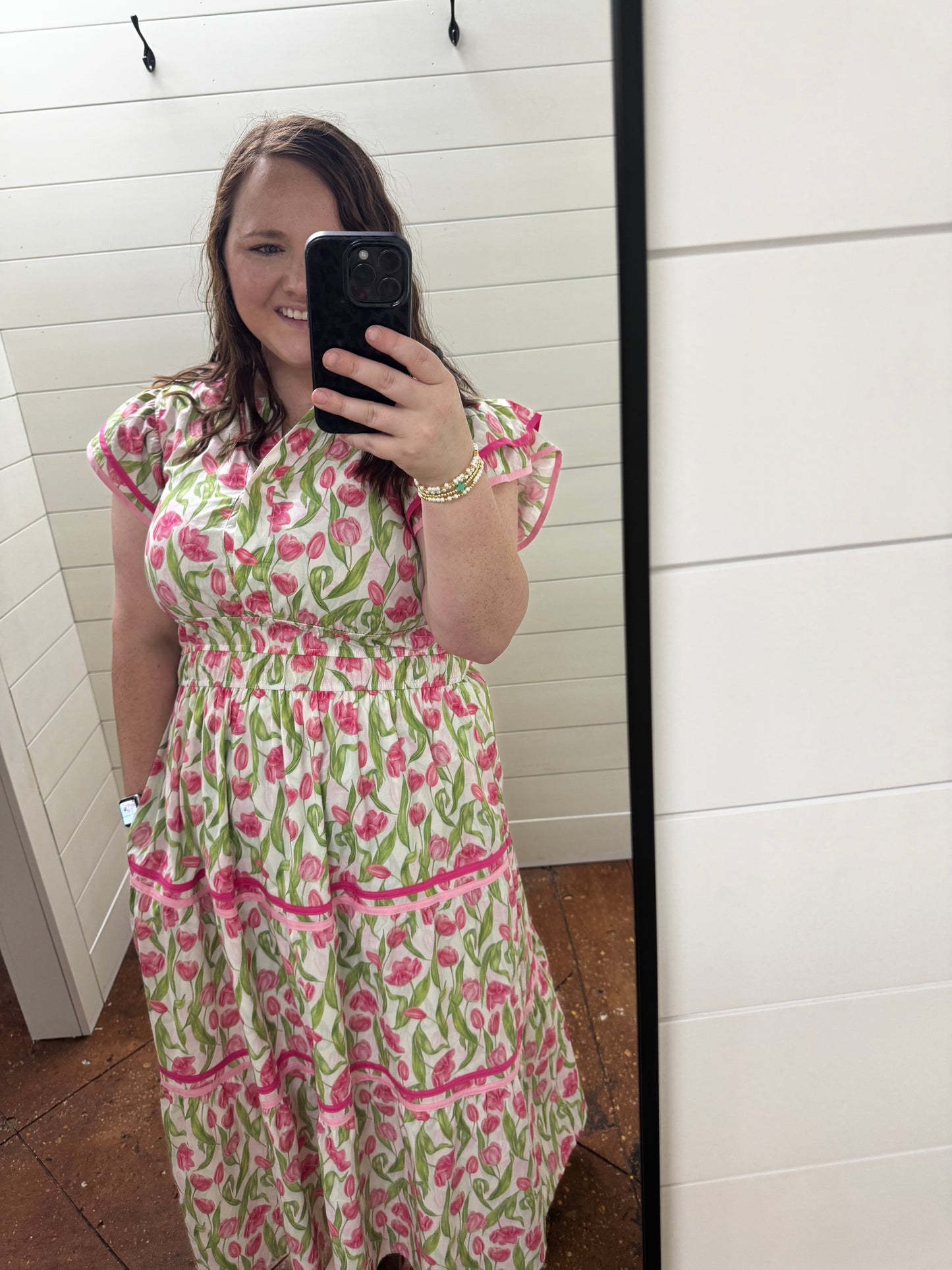 Pink & Green Floral Ruffled Sleeve Tiered Midi Dress