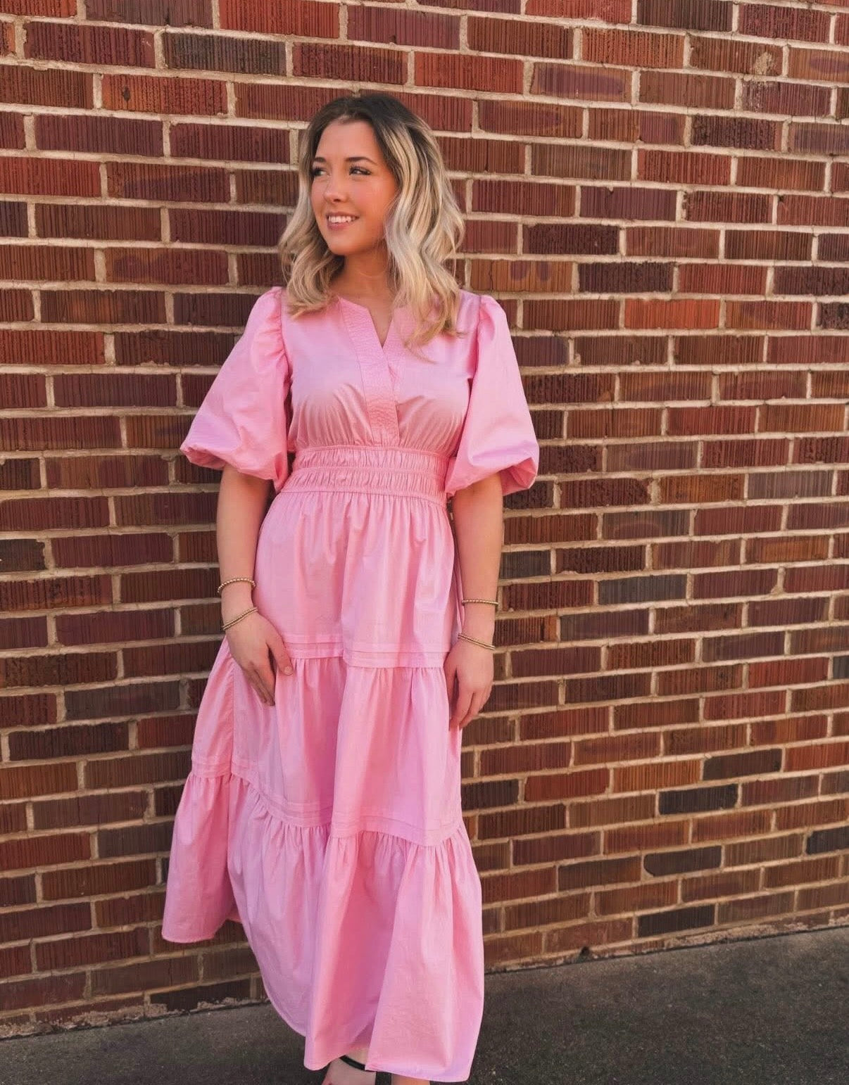 Pink Balloon Sleeve Tiered Midi Dress