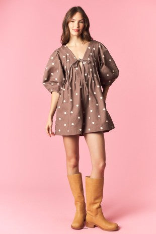 Brown Polka Dot Bubble Sleeve Romper