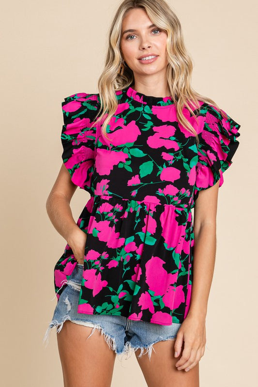 Jodifil Pink Floral Ruffled Sleeve Top