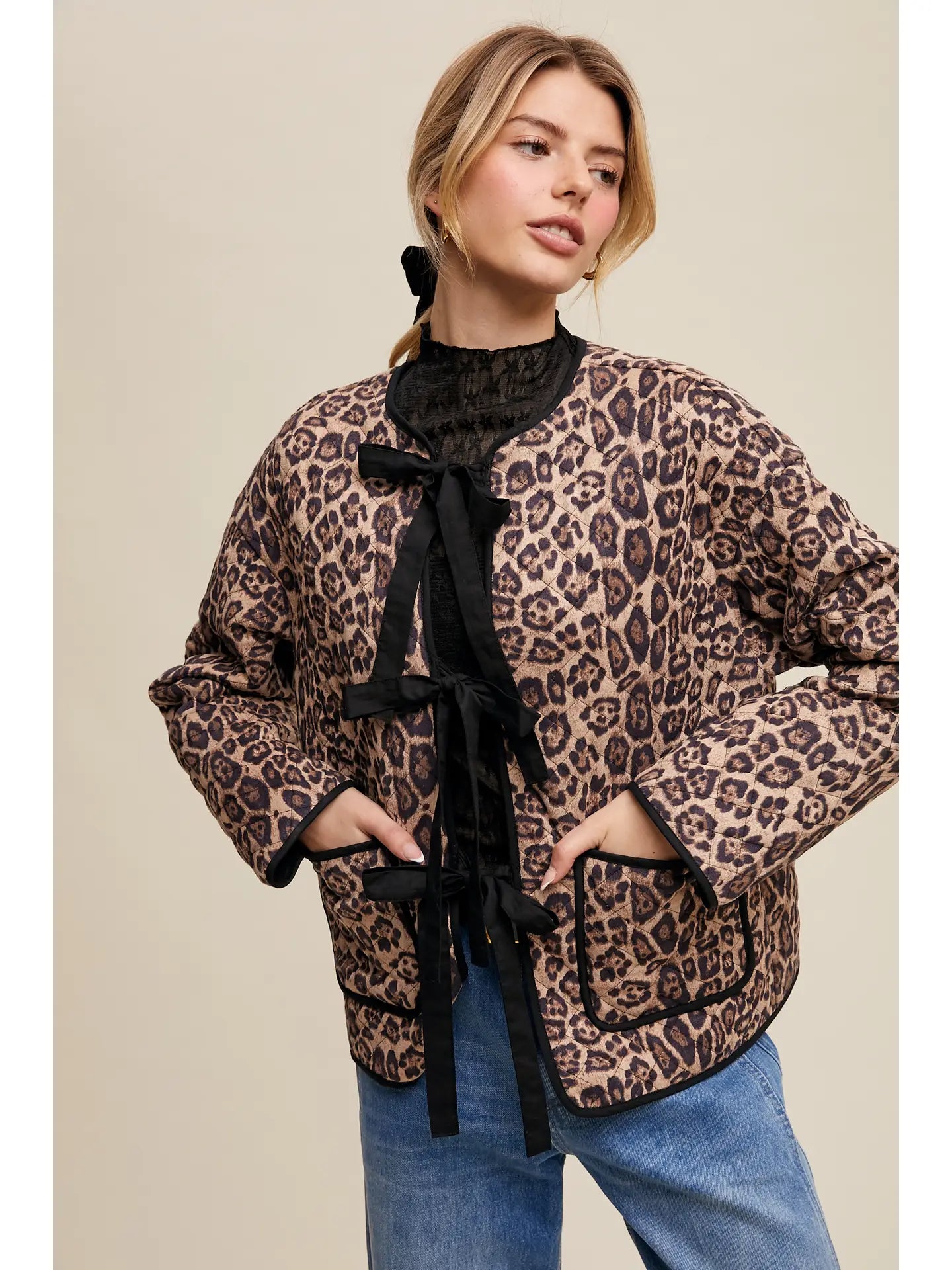 Quilted Leopard Print Bow Tie Jacket