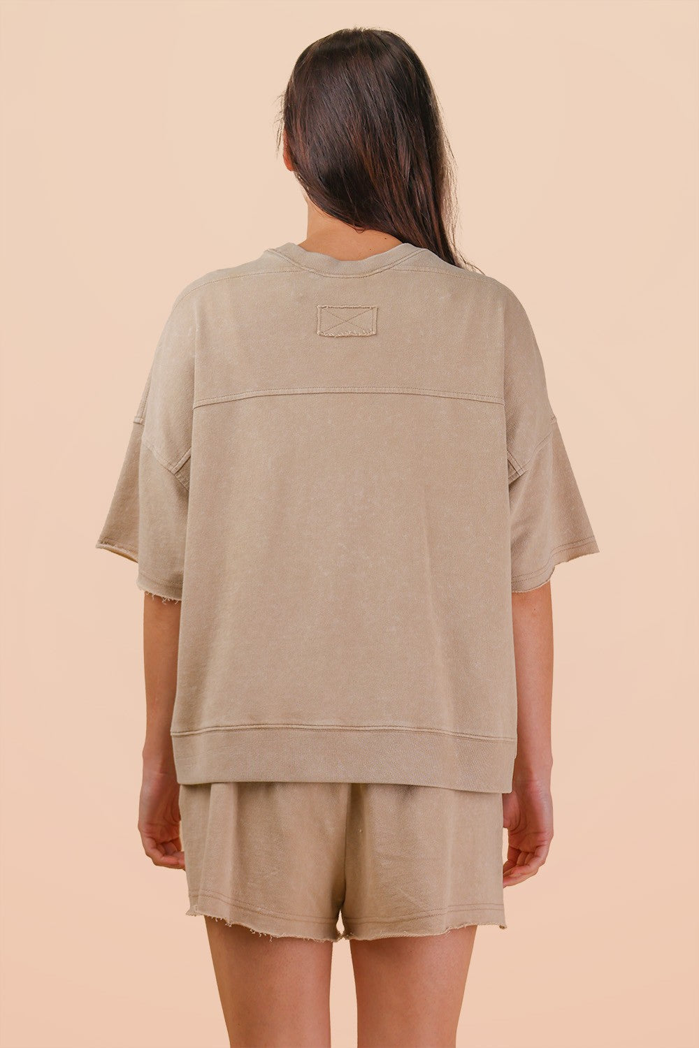 Beige Mineral Washed Knit Top & Shorts Set
