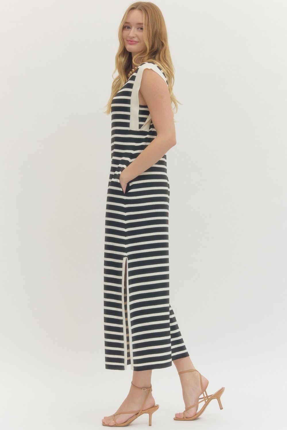 Entro Black & White Striped Maxi Dress with Pockets