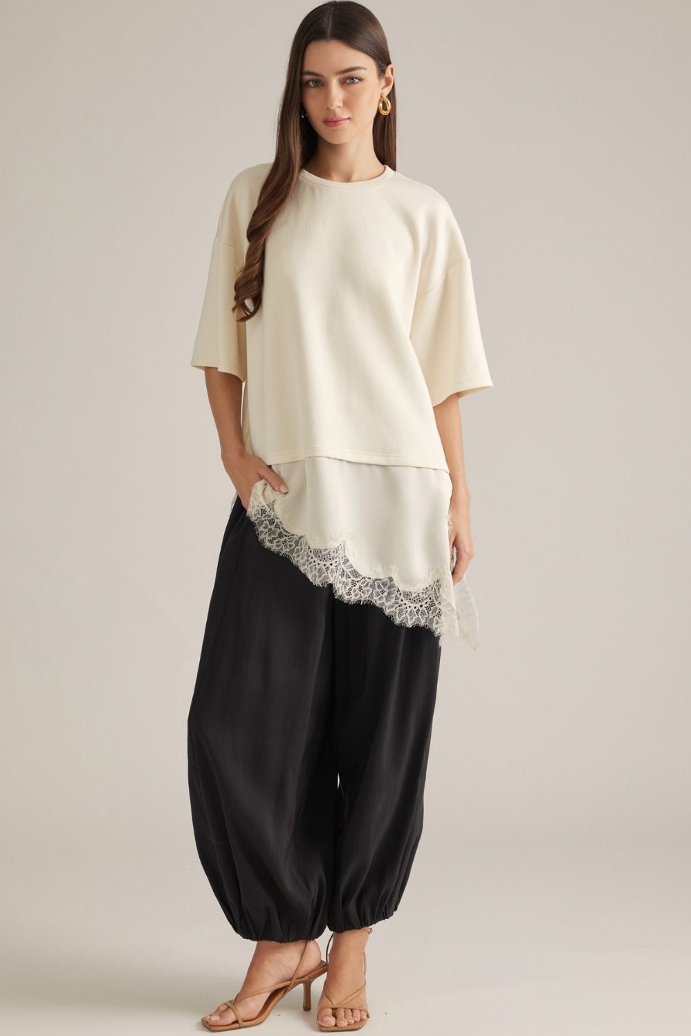 Cream Lace Trim Knit Top