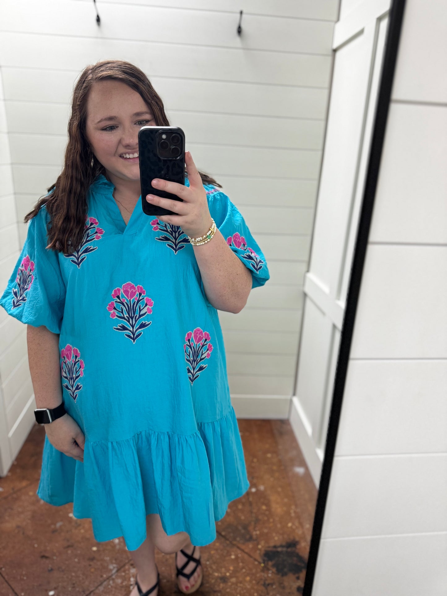 Paraiba Blue & Pink Embroidered Puff Sleeve Mini Dress