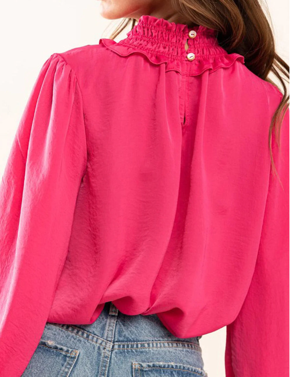 Ces Femme Fuchsia Pink Mock Neck Ruffled Blouse