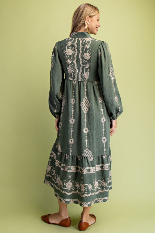Olive Embroidered Midi Dress