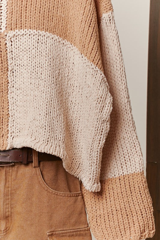 Beige Color Block Loose Fit Sweater