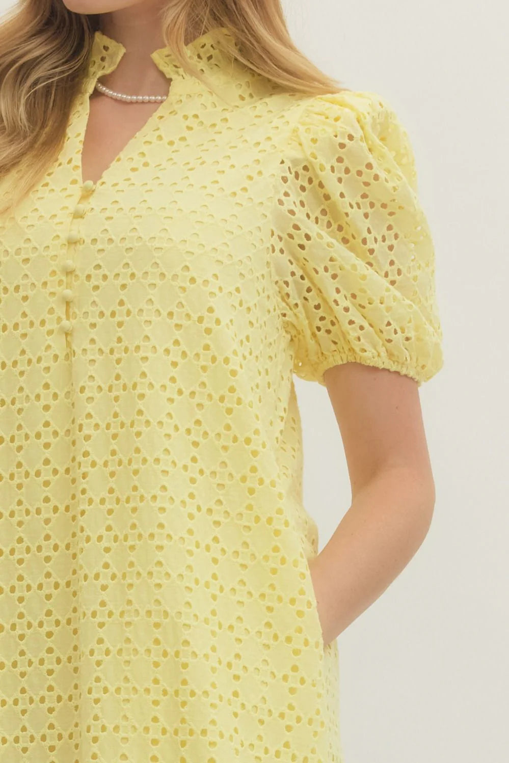 Entro Lemon Yellow Eyelet Puff Sleeve Midi Dress with Pockets