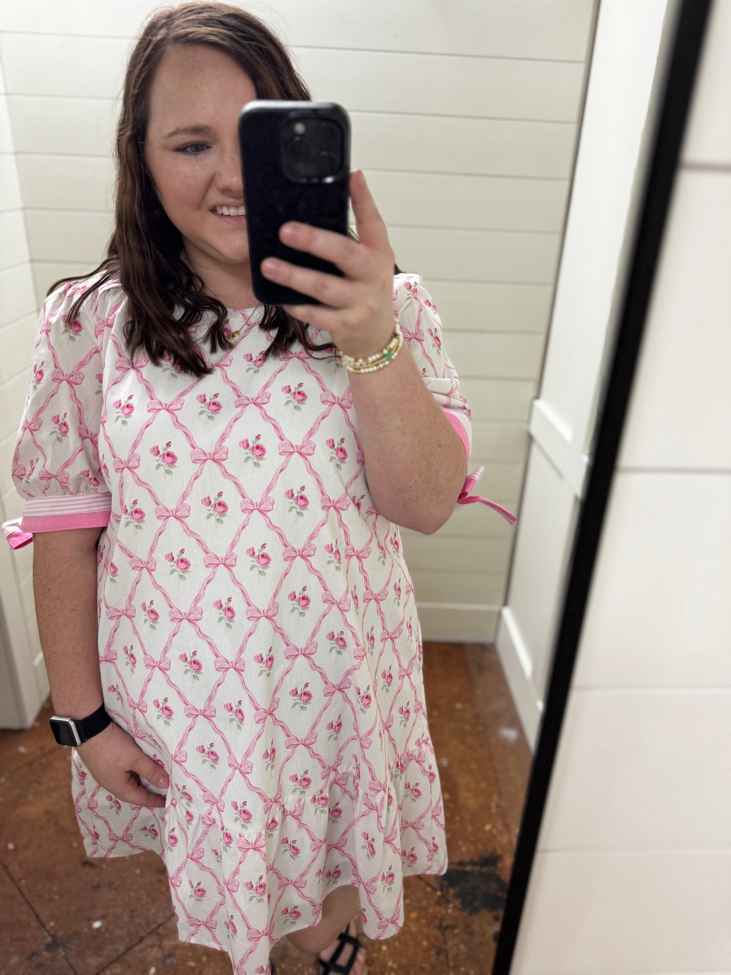 Pink Floral Bow Print Mini Dress