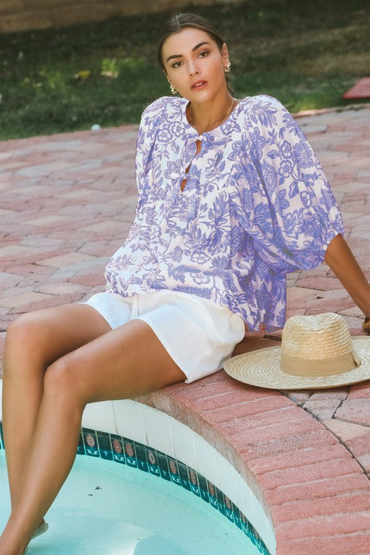 Blue Wave Boho Print Bow Top