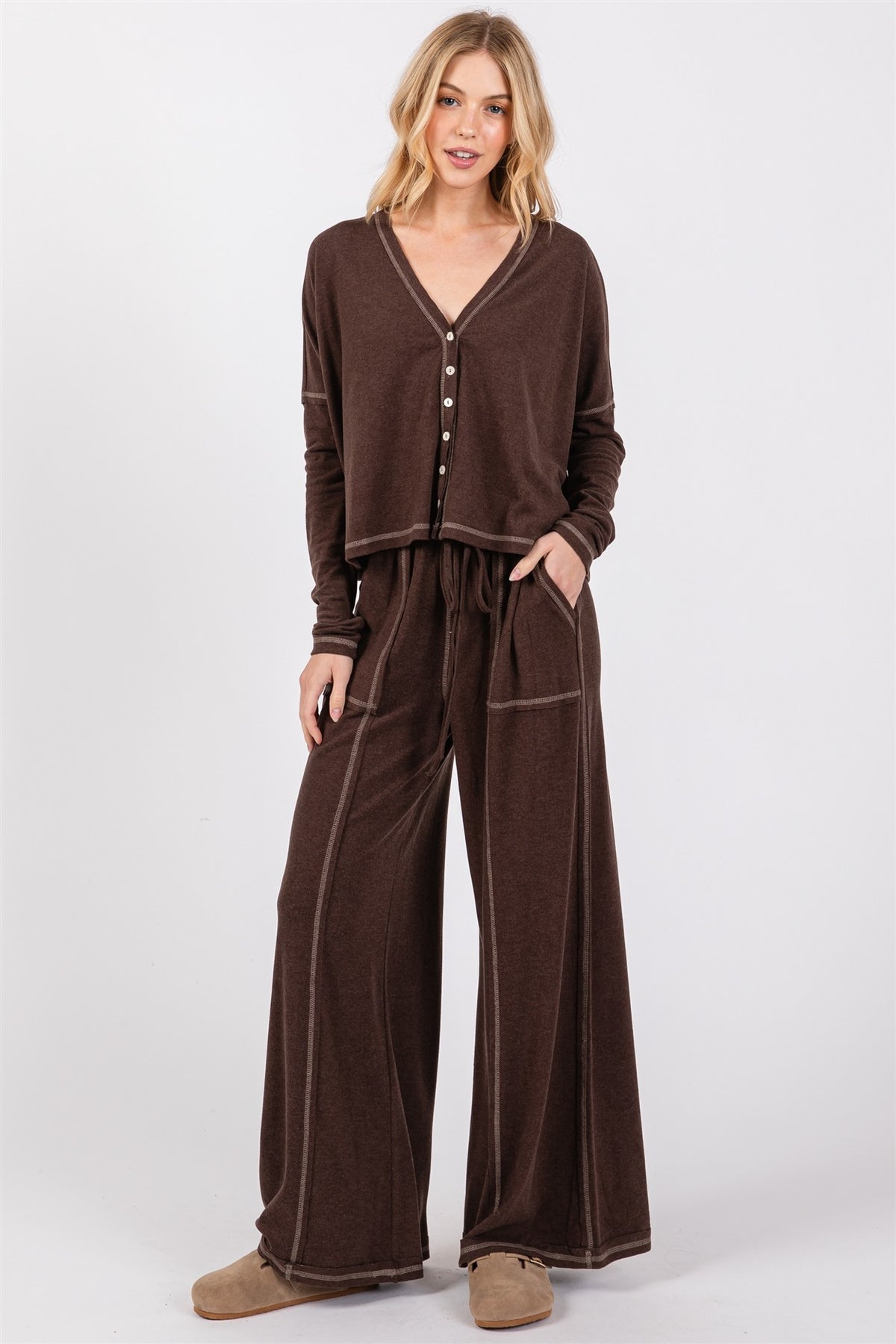 Chocolate Brown Contrast Stitch Lounge Pants
