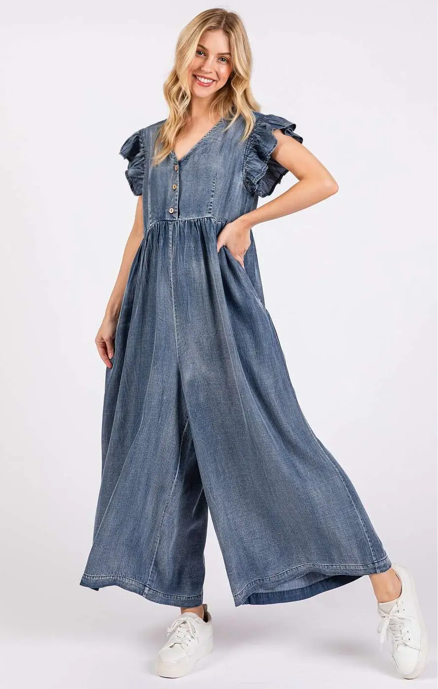 Mittoshop Washed Chambray Ruffled Wide Leg Jumpsuit