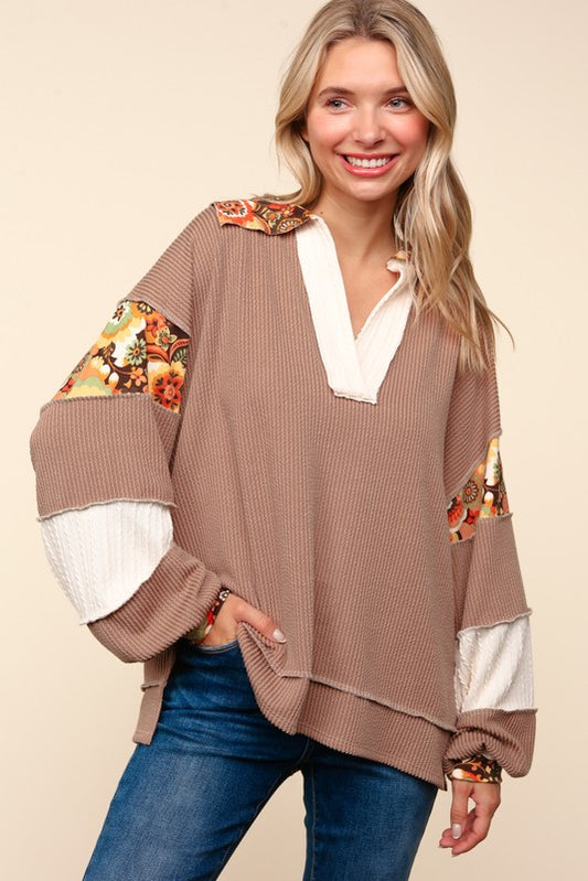 Floral Drop Shoulder Ribbed Top