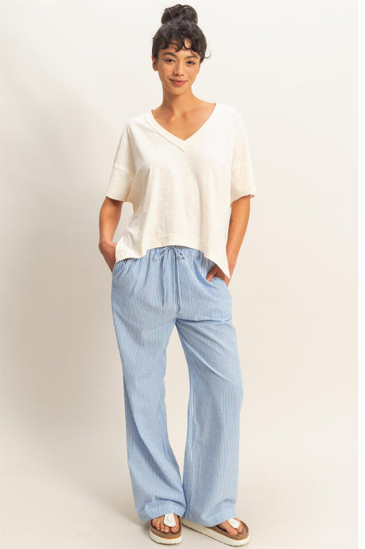 Blue Stripe Cotton Wide Leg Pants