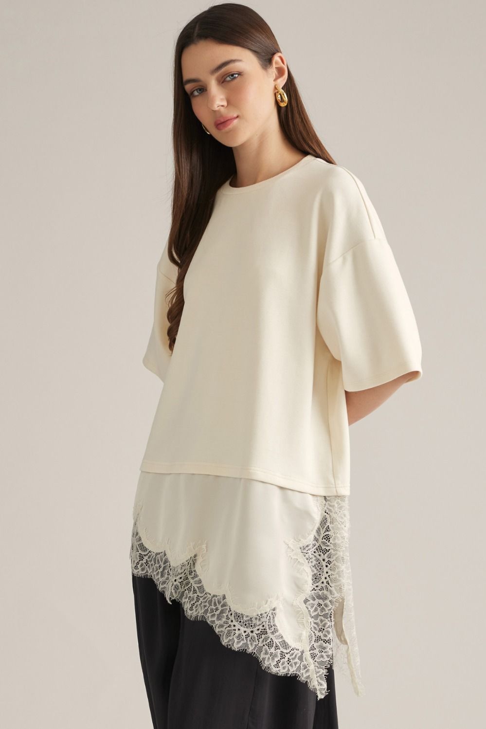 Cream Lace Trim Knit Top