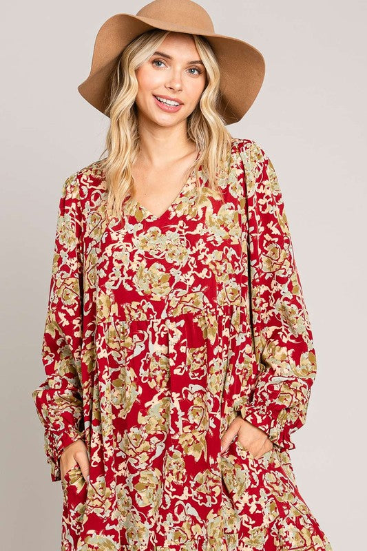 Wine Abstract Print Midi Length Dress