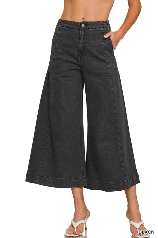 Black High Rise Cropped Gaucho Denim Pants