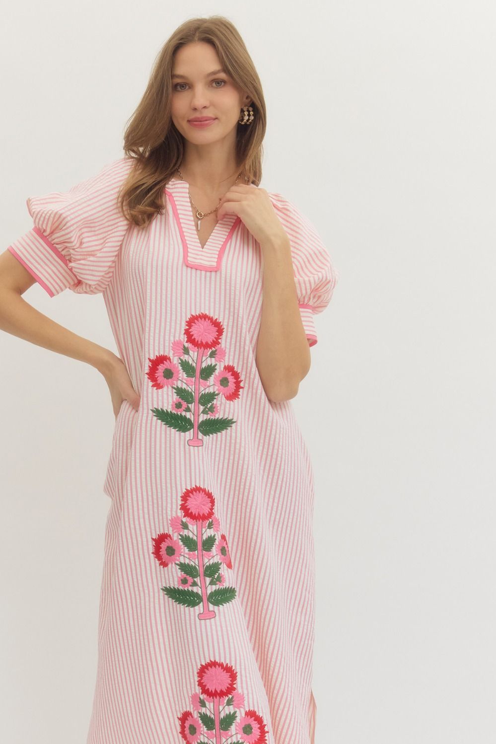 Pink Stripe Embroidered Midi Dress