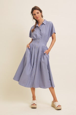 Steel Blue Pleated Midi Dress