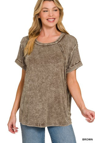 Brown Washed Ribbed Cuffed Short Sleeve Top