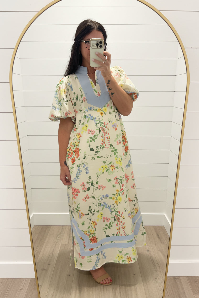 Beeson River Floral Midi Dress with Blue Contrast Trim & Puff Sleeves