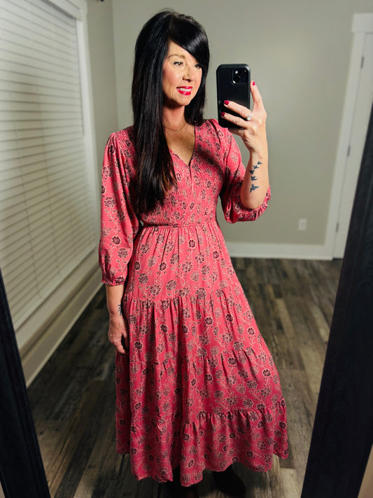 Pink Floral Mix Tiered Maxi Dress