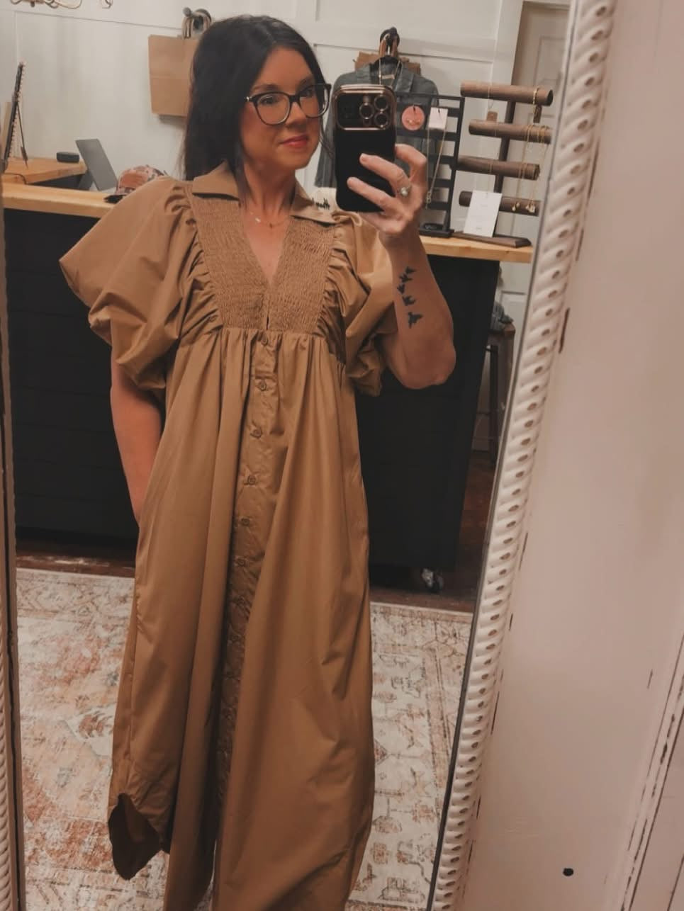 ✨Restock✨ Mocha Smocked Puff Sleeve Midi Dress