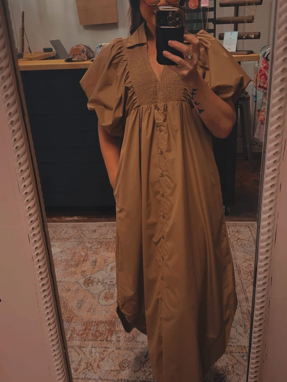 ✨Restock✨ Mocha Smocked Puff Sleeve Midi Dress