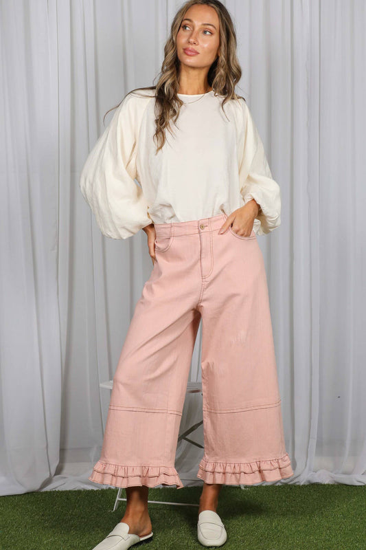 Pink Ruffle Hem Cropped Denim Pants