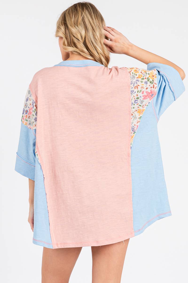 Dusty Pink Washed Floral Patchwork Oversized Tee