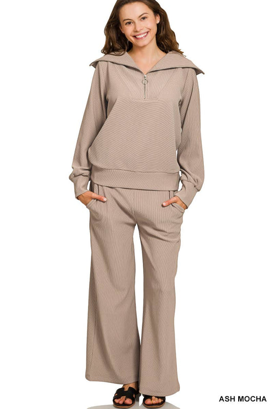Ash Mocha Ribbed High Neck Half Zip Pullover And Pants Set