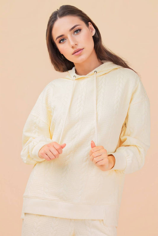 Cream Oversized Cable Knit Textured Knit Hoodie