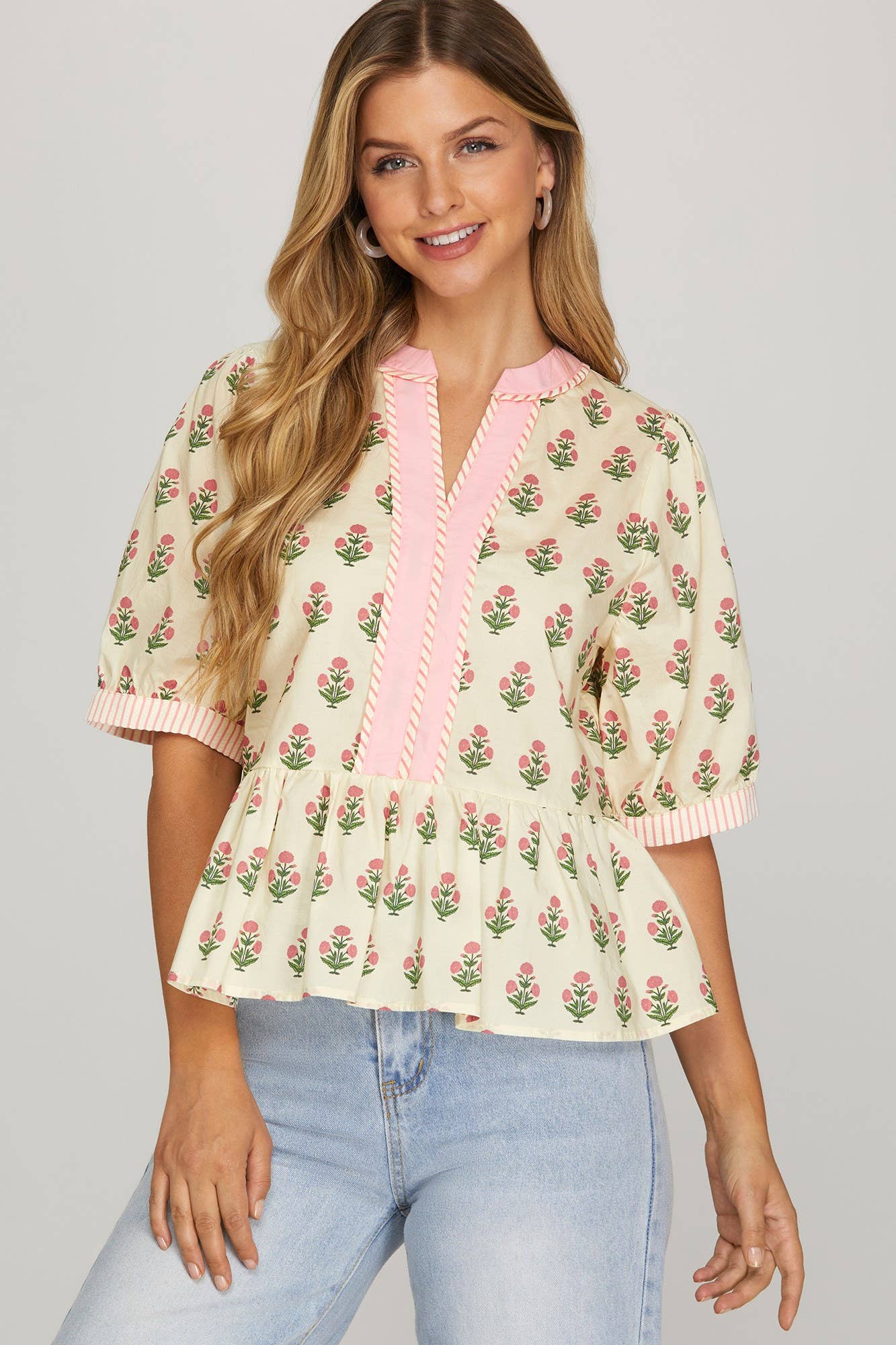 Cream/Pink Floral Print Top