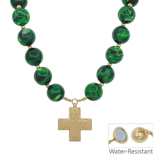 Emerald Green Beaded Hammered Gold Cross Magnetic Closure Necklace