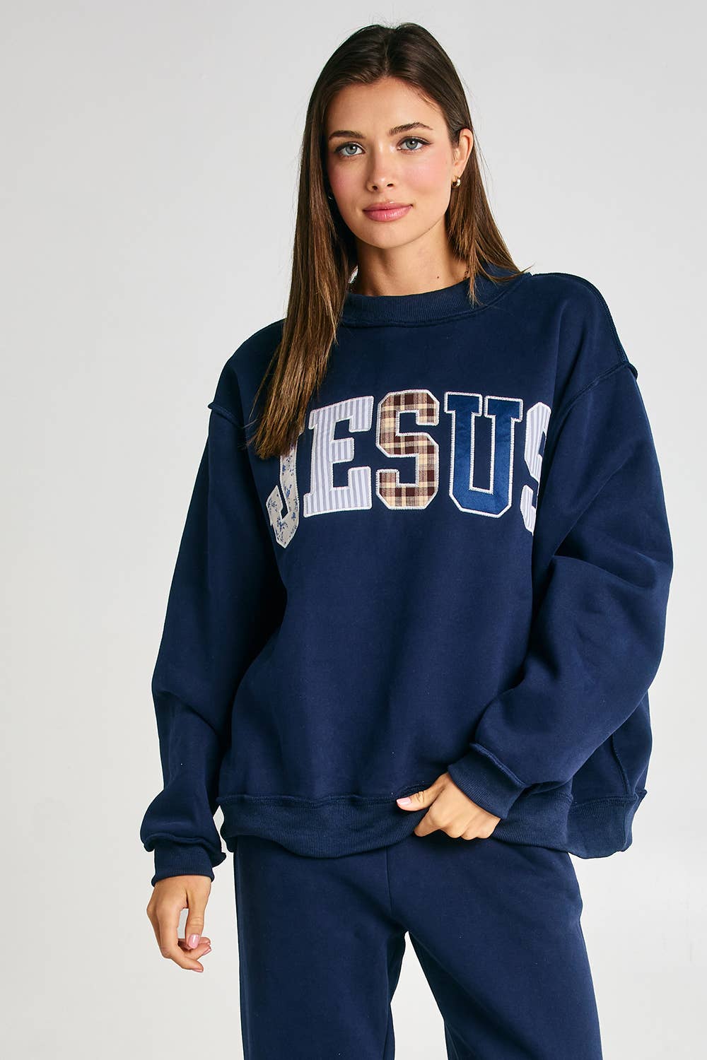Gray Jesus Embroidered Oversized Mock-neck Sweatshirt