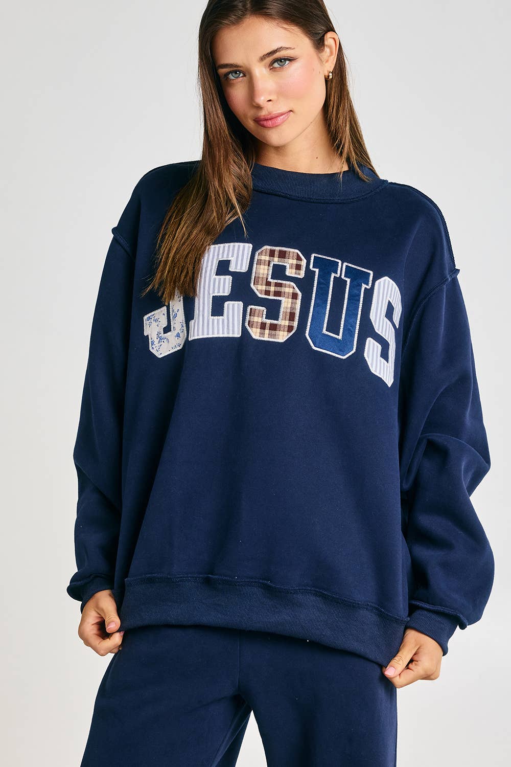 Gray Jesus Embroidered Oversized Mock-neck Sweatshirt
