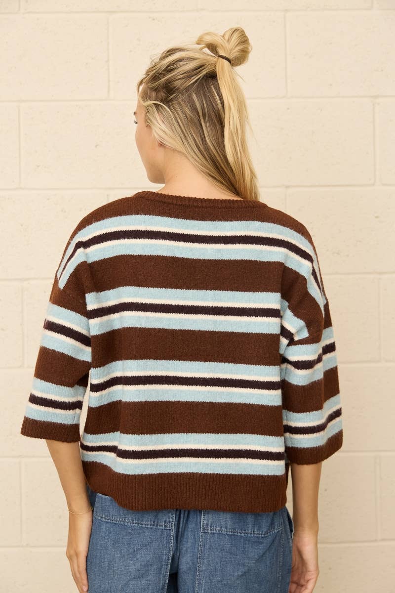 DSZ0603-25 | Stripe Button Front Knit Cardigan: BROWN MULTI / L