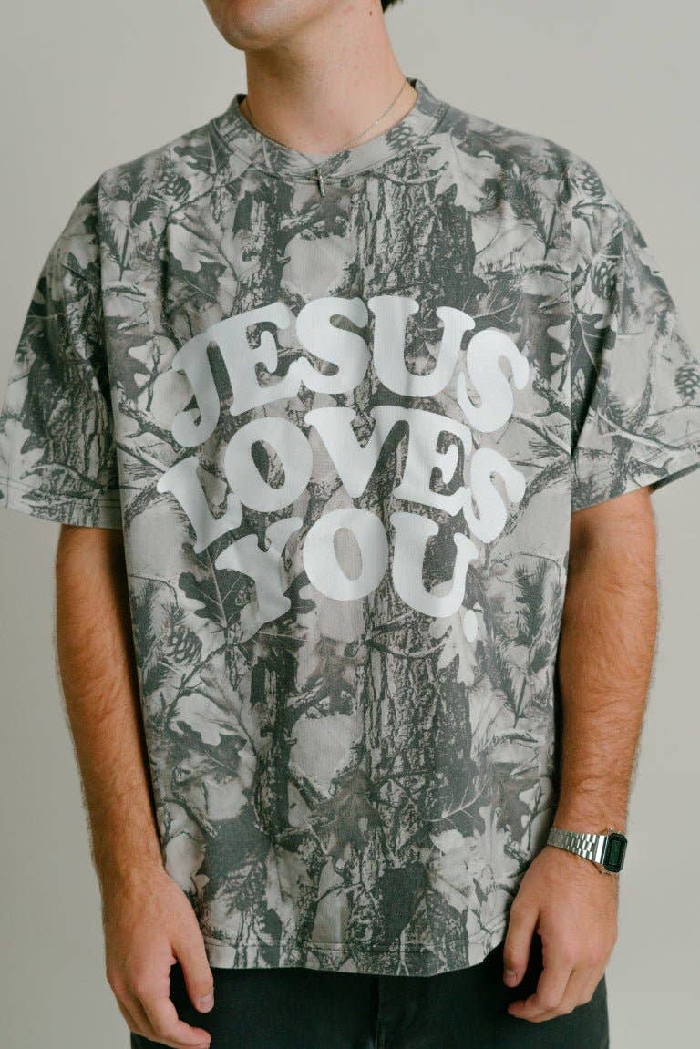 Limited Edition Jesus Loves You Oversized Unisex Midnight Oak Camo Tee
