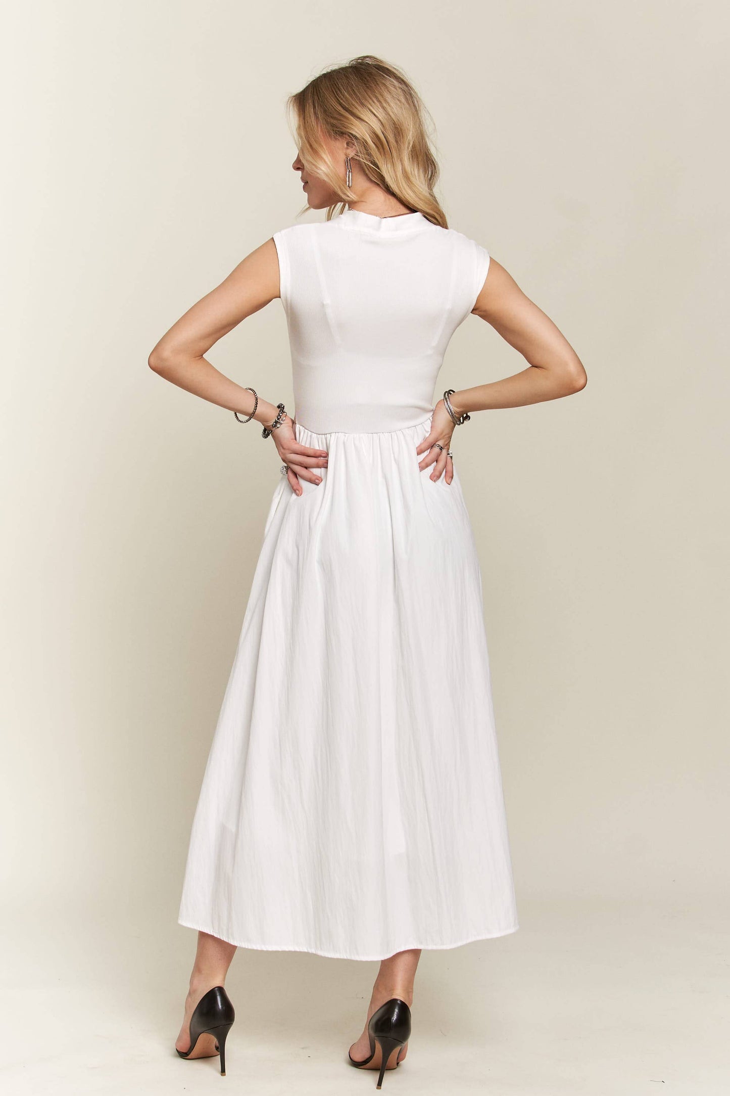 White Cotton Blend Midi Dress with Pockets