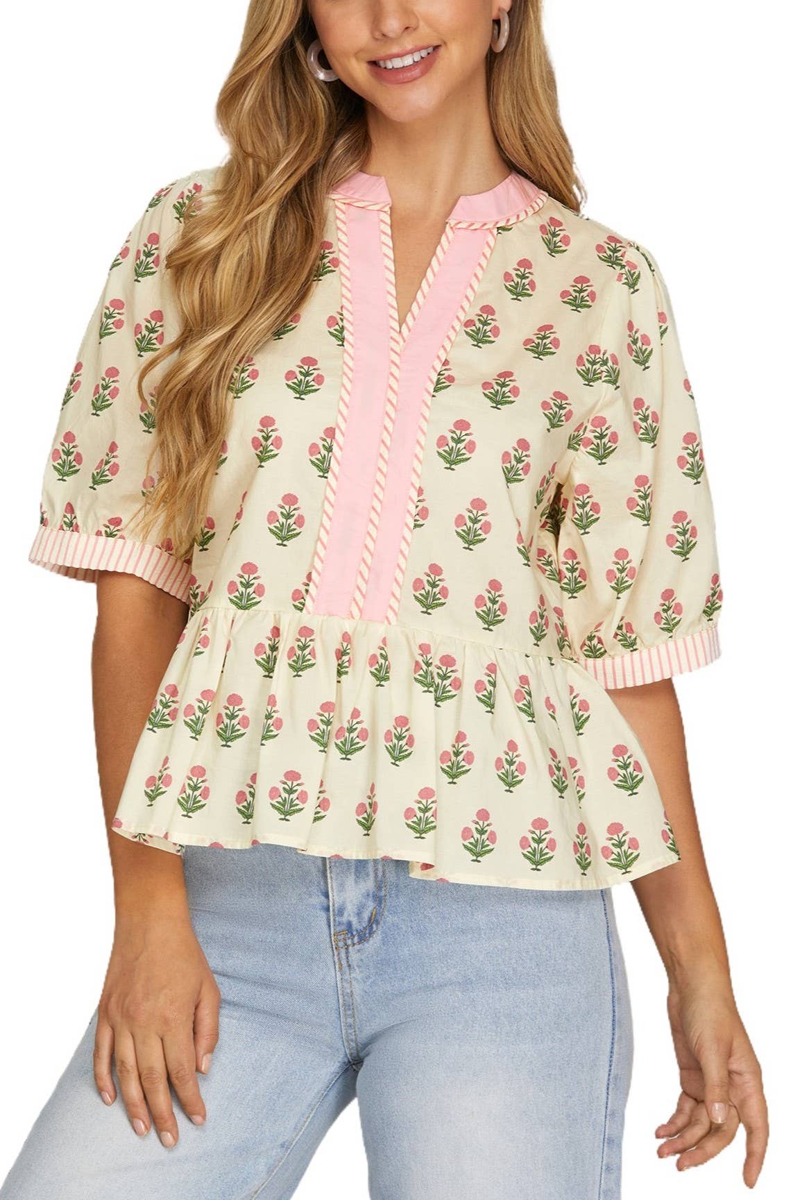 Cream/Pink Floral Print Top