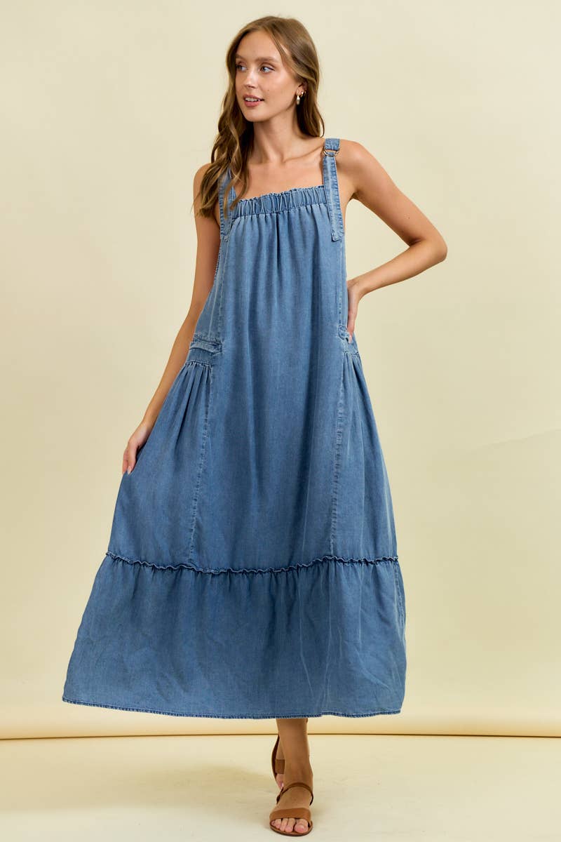 Dark Denim Maxi Overall Dress with Tiered Ruffle Detail