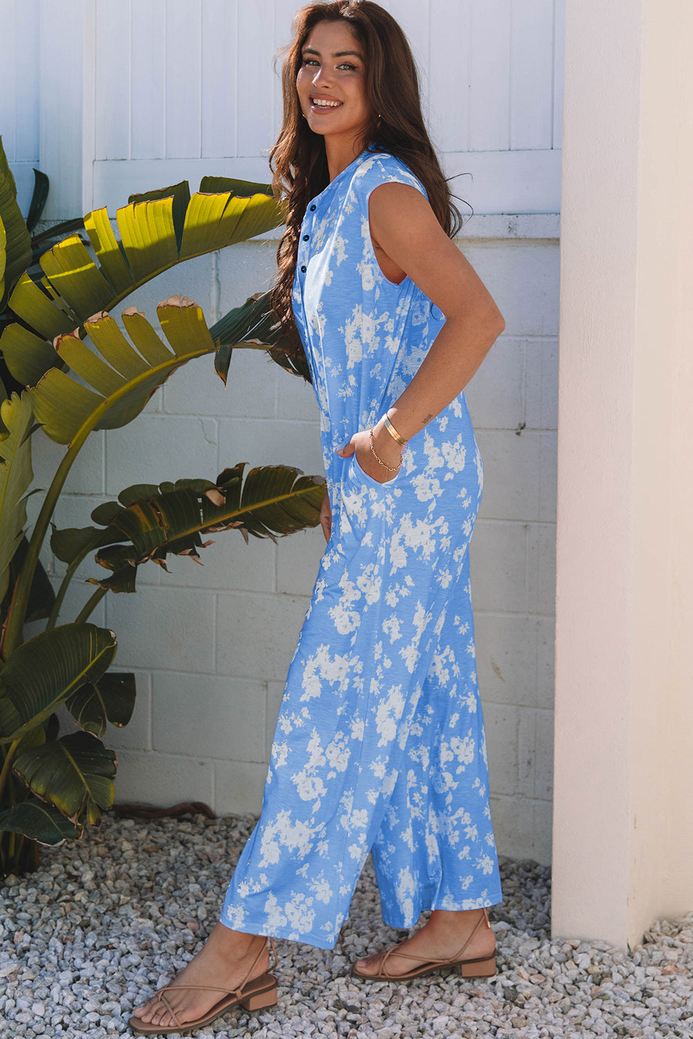 Blue Floral Print Half Button Wide Leg Relaxed Sleeveless Jumpsuit